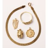 9ct gold pendants, charm and bracelet approx 6.