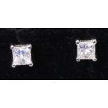 Pair princess cut diamond white gold stud ear-rings stamped 750 approx 0.