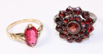 Garnet cluster ring stamped 9ct and a similar gold ring stamped 9ct Condition Report
