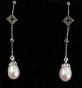 Pair of pearl and marcasite silver drop ear-rings stamped 925 Condition Report
