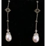 Pair of pearl and marcasite silver drop ear-rings stamped 925 Condition Report