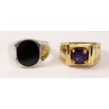 Gentleman's silver and Whitby jet ring and a silver gilt and amethyst ring both stamped 925