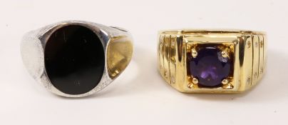 Gentleman's silver and Whitby jet ring and a silver gilt and amethyst ring both stamped 925