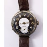 WWl officer's silver trench wristwatch London 1916 on original brown leather strap