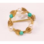 Gold circle leaf brooch set with turquoise and seed pearls hallmarked 9ct