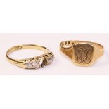 Gold five stone diamond ring stamped 18ct (centre stone missing)and a 9ct gold signet ring