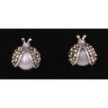 Pair of pearl and marcasite silver ladybird ear-rings stamped 925 Condition Report