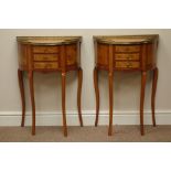 Pair mid to late 20th century French style walnut and figured walnut demi-lune side cabinets,