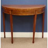 George III inlaid mahogany demi-lune card table, fold over top with baize lining, banded in walnut,