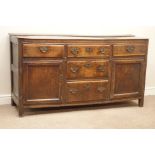 18th century oak dresser base, five drawers and two panelled cupboards, W162cm, H87cm,