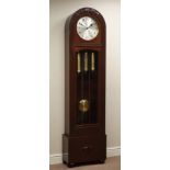 Art Deco mahogany long case clock, arched top and circular silvered Arabic dial with glazed door,