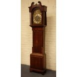 Late 18th century mahogany banded oak longcase clock, broken arch brass dial,