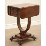 19th century mahogany Pembroke work table with two leaves and two end drawers on a curved support,