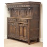 17th century heavily carved oak court cupboard, carved with lunettes to frieze,