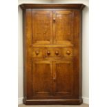 Large 18th century oak corner cabinet, two double cupboards enclosed by panelled doors,