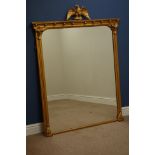 Regency style giltwood over mantel mirror, ball cornice with eagle finial and leaf carved capitals,