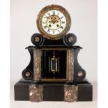 Victorian polished black slate mantel clock, architectural case with marble detail,