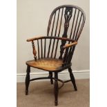 Late 18th century yew wood and elm high-back Windsor armchair, double hoop,