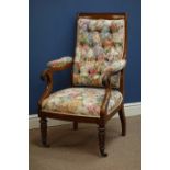 Regency period rosewood armchair, with scrolled arms and carved turned feet,