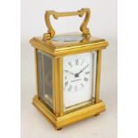 20th century miniature brass carriage timepiece, white enamel Roman dial inscribed 'Made in France',
