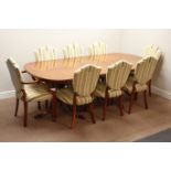 Reproduction figured walnut twin pillar dining table, two D-ends and leaf (107cm x 184cm - 230cm,