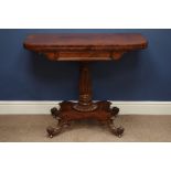 Early Victorian figured mahogany fold over swivel top card table, fluted column on platform base,