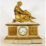 Late 19th century marble and ormolu figural mantel clock, with bronze figure of Sappho after J.