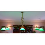 20th century brass six branch billiard table light with green glass shades and scroll detail,