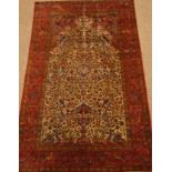 Fine Persian Isfahan silk prayer rug, tree of life design with interlacing trailing foliage field,