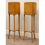 Quality pair Edwardian satinwood planter stands, three splay legs connected by trefoil undertier,