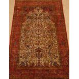 Fine Persian Isfahan silk prayer rug, tree of life design with interlacing trailing foliage field,