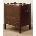 George III figured mahogany tray top night cabinet commode, cupboard above pull out boxed commode,