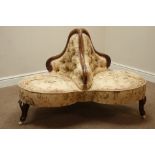 Victorian walnut three seat conversation sofa, three carved scrolled feet with ceramic castors,