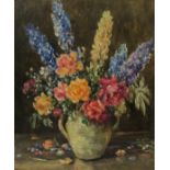 Owen Bowen (Staithes Group 1873-1967): Still Life of Roses & Delphinium,