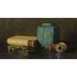 Elaine Katherine Grimshaw (British 1877-1972): Still Life of a Chinese Jar Pipe Book and Spectacles,