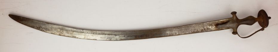 Indian Tulwar sword, curved single edge 76cm blade with cast disc pommel and curved guard,