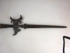 European Halberd, cast metal head with fluted long point and pierced decorated hooks,