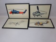 Four water colours with pen & gouache studies of Helicopters, possibly illustrations,