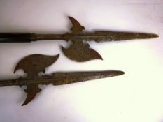 Pair of European Halberds, cast metal head with fluted long point, shaped decorated hooks,