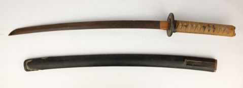 Japanese Wakizashi sword, bound ray skin hilt, signed iron Tsuba, in lacquer scabbard,