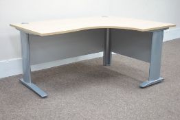 (SKT10103) Right hand light oak office corner desk with cable tidy and modesty panels, W160cm,