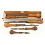 A graduated set of six London pattern screwdrivers with beech handles by various makers 10" to 212"