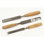 Three bevel edge chisels with boxwood handles G+