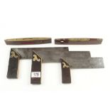 Three rosewood & brass combination squares and two boat levels G