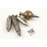 A brass plumb bob and three steel bobs G