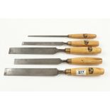 Three bevel edge chisels 1/4" 3/4 and 1" and two gouges all by MARPLES with boxwood handles G++