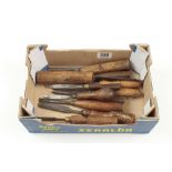 Three small mortice chisels and ten carving tools G