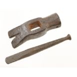 A 17/18c carpenters claw hammer and a stonemasons chisel found in the Thames foreshore near