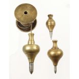 Three small brass plumb bobs one by MARPLES with brass reel G+