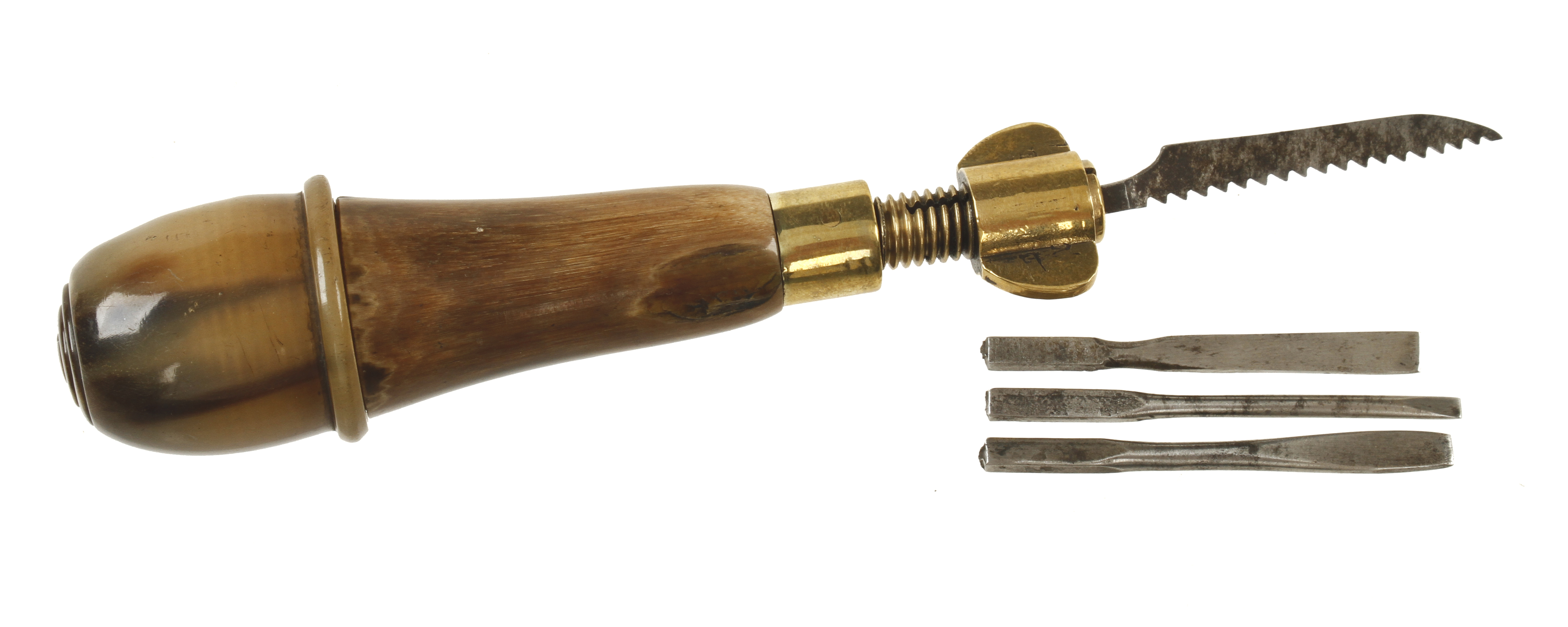 A small compendium tool with 4 tools in attractively figured horn handle with brass fittings G++